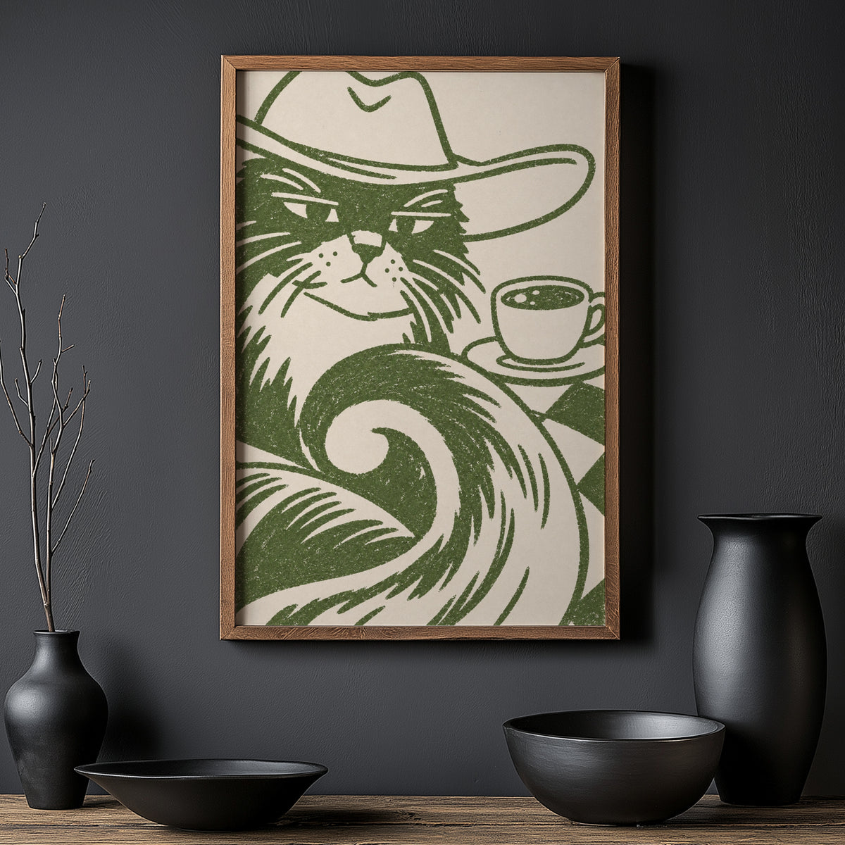Vintage Cowboy Cat Coffee Print Poster, Green Wall Art