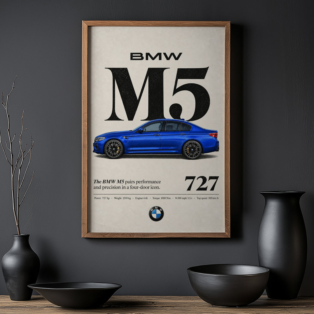 Vintage BMW M5 Print, Blue Sedan Car Wall Art