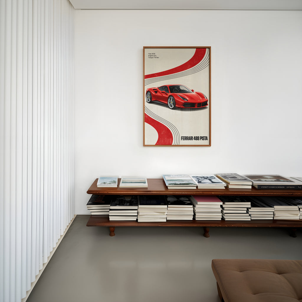 Vintage Ferrari 488 Pista Print, Red Supercar Art