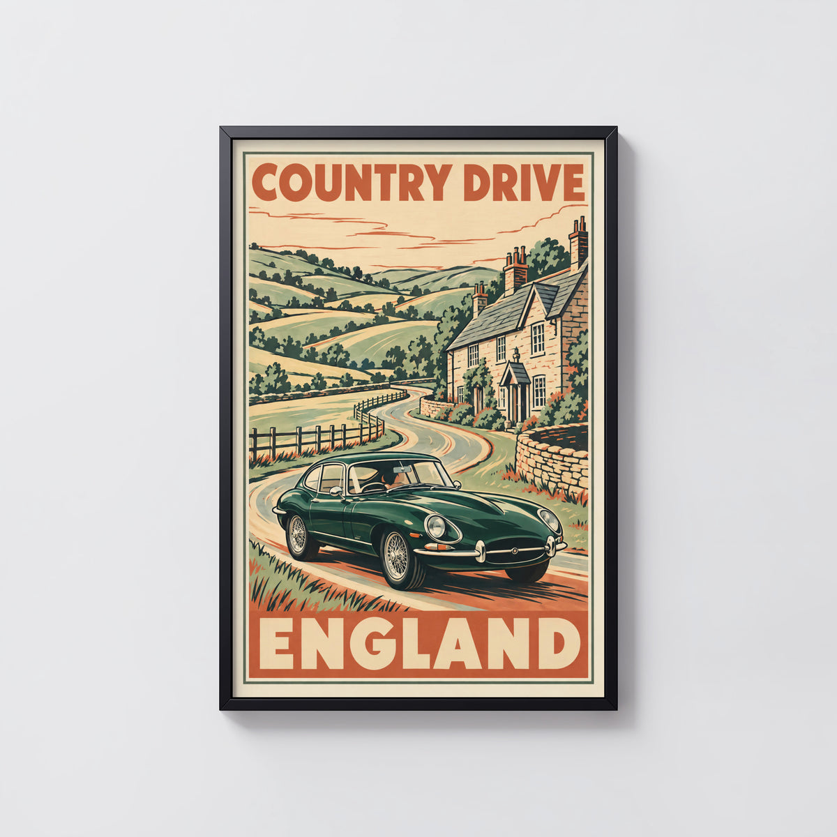 Vintage England Country Drive Poster, Classic Car Print