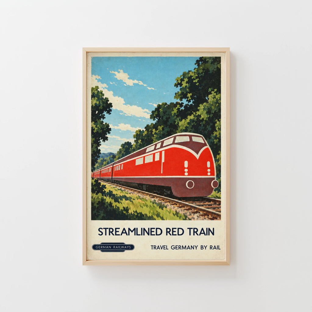 Vintage German Railways Train Print Poster, Red Train Art