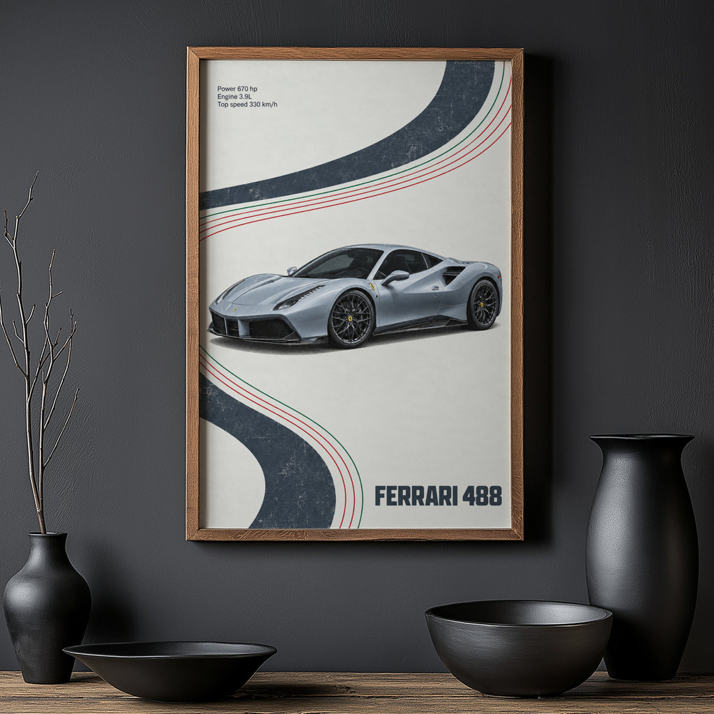 Vintage Ferrari 488 Print, Supercar Poster, Wall Art