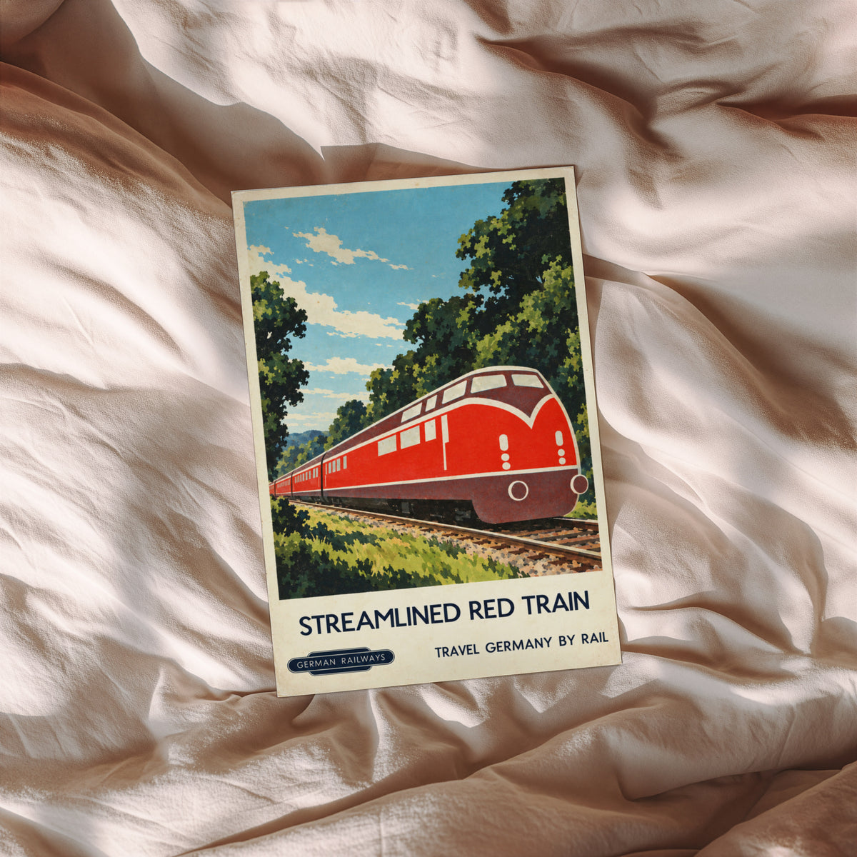 Vintage German Railways Train Print Poster, Red Train Art