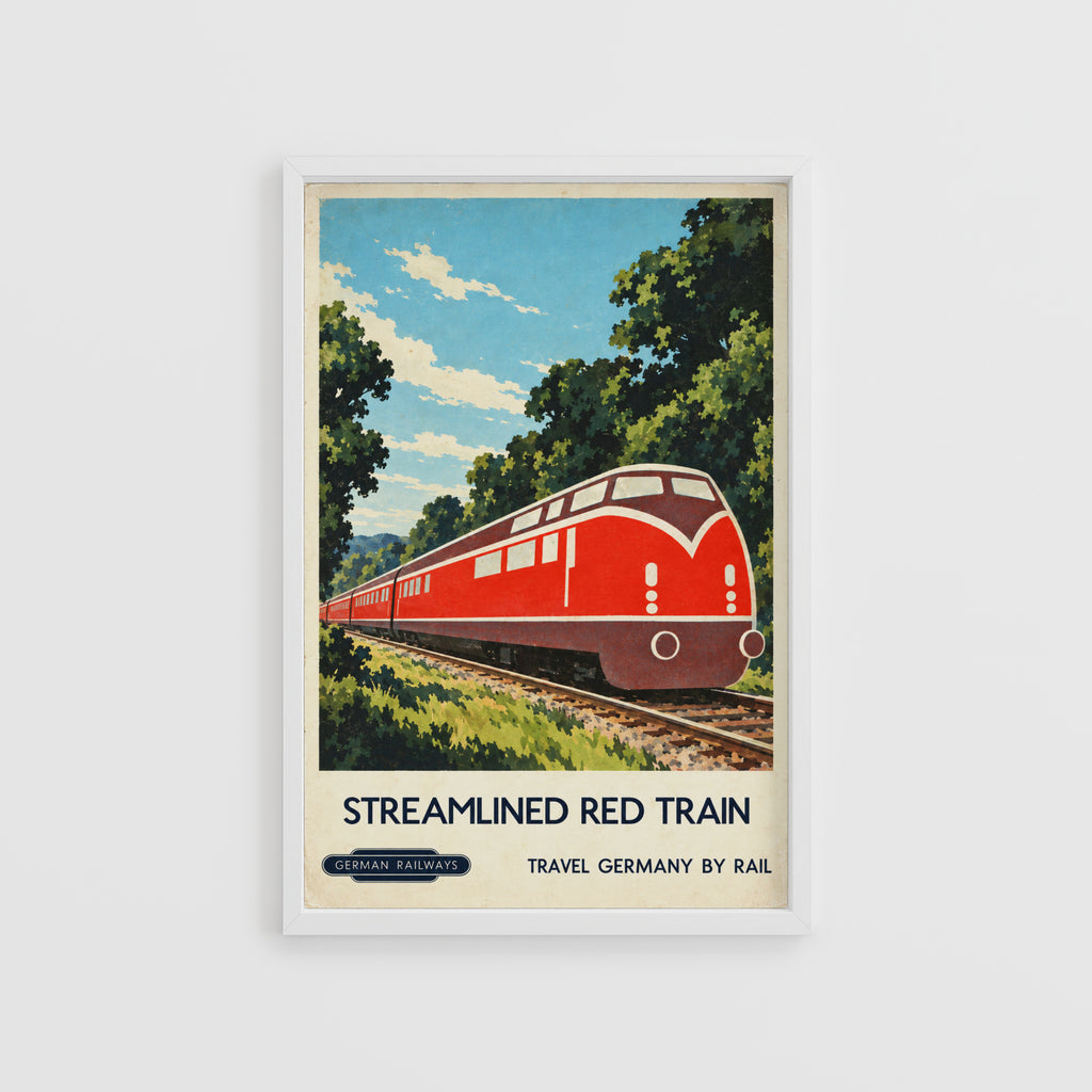 Vintage German Railways Train Print Poster, Red Train Art