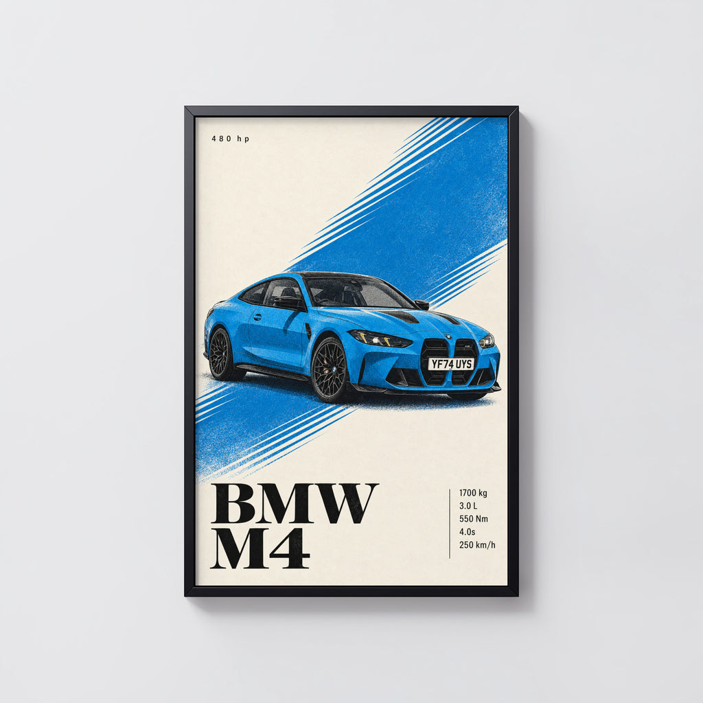 Vintage BMW M4 Print, Blue Car Wall Art