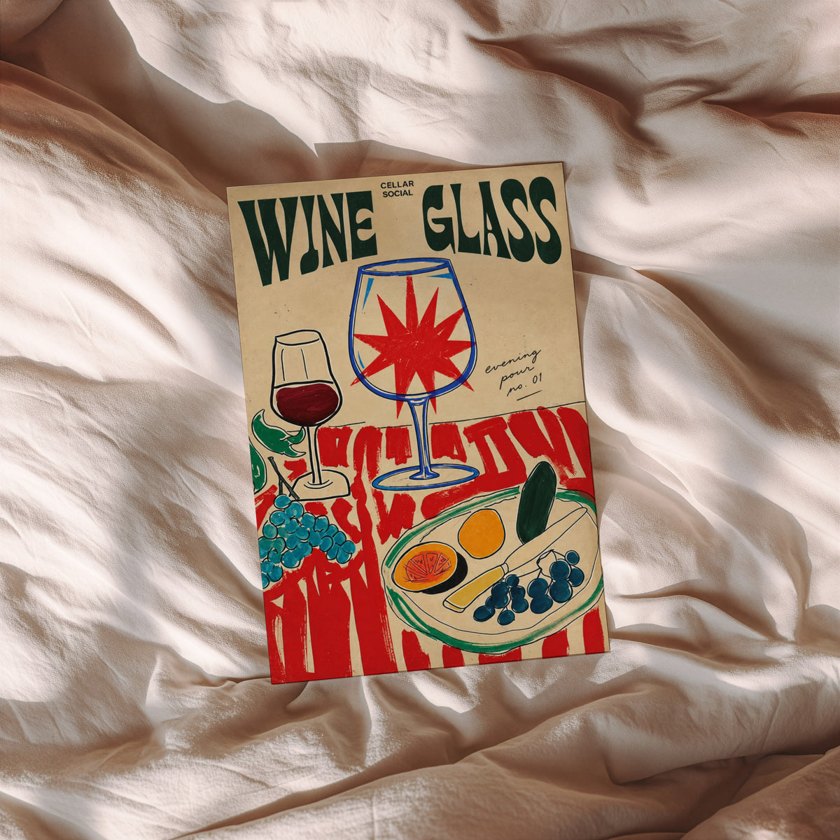 Vintage Wine Glass Print Poster, Cellar Social Wall Art