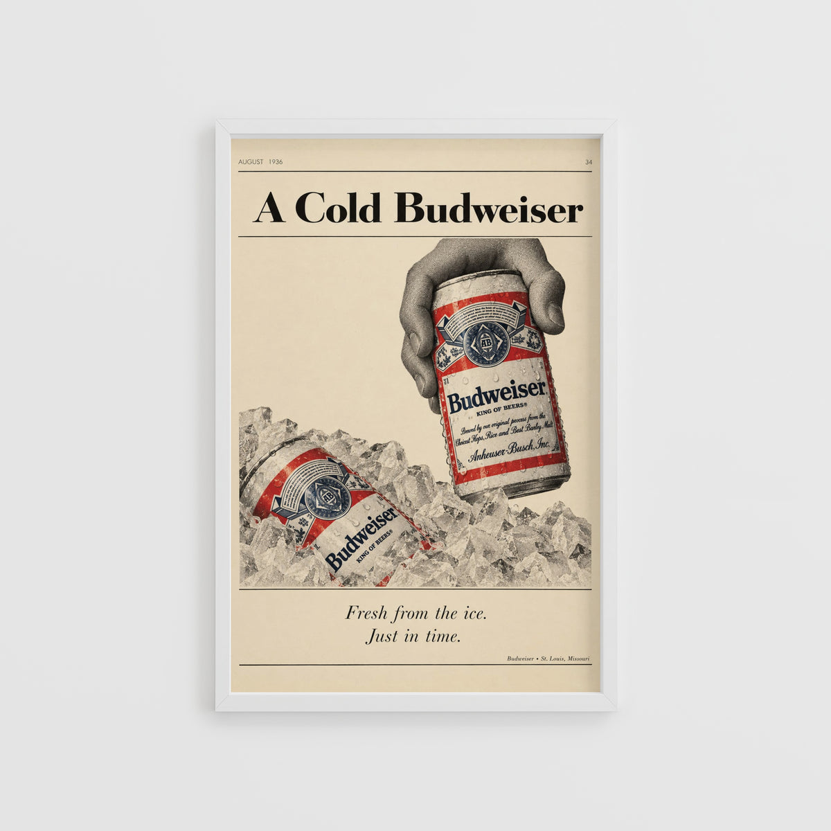 Vintage Budweiser Beer Print, Cold Ice Poster Wall Art