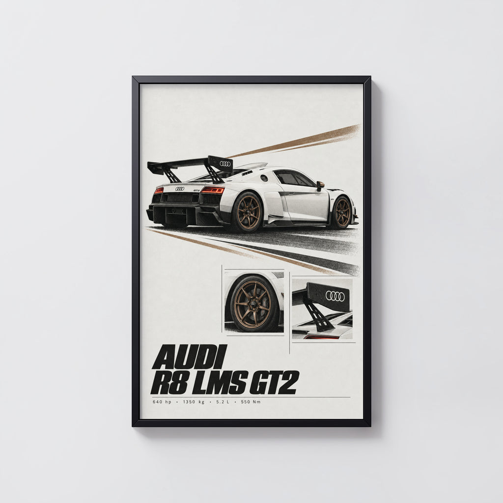 Vintage Audi R8 LMS GT2 Print, Racing Car Wall Art