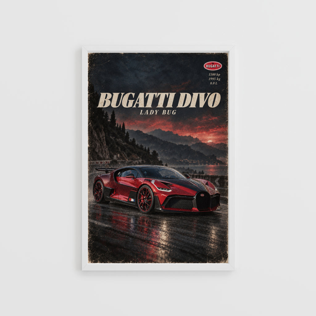 Vintage Bugatti Divo Print, Red Hypercar Wall Art