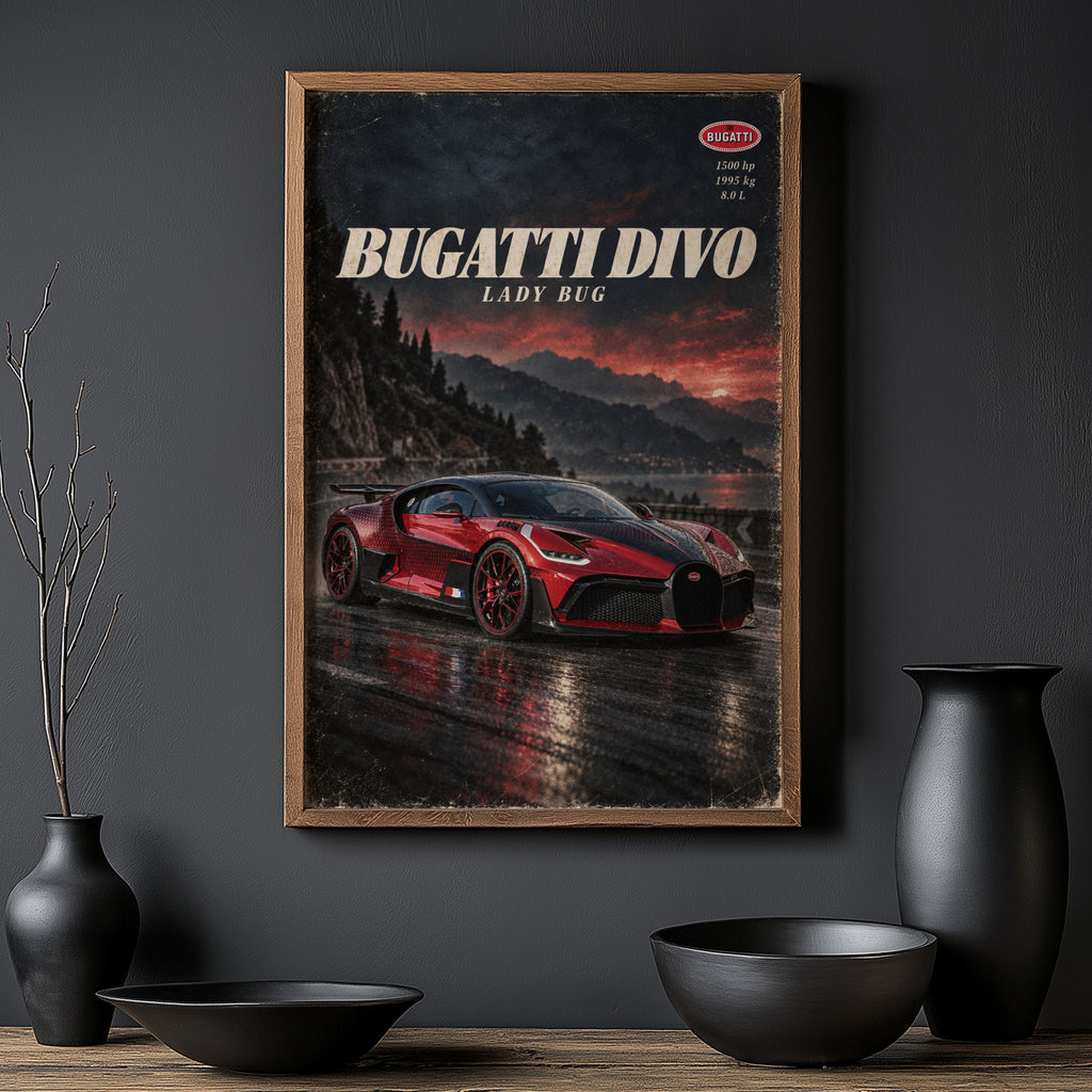 Vintage Bugatti Divo Print, Red Hypercar Wall Art