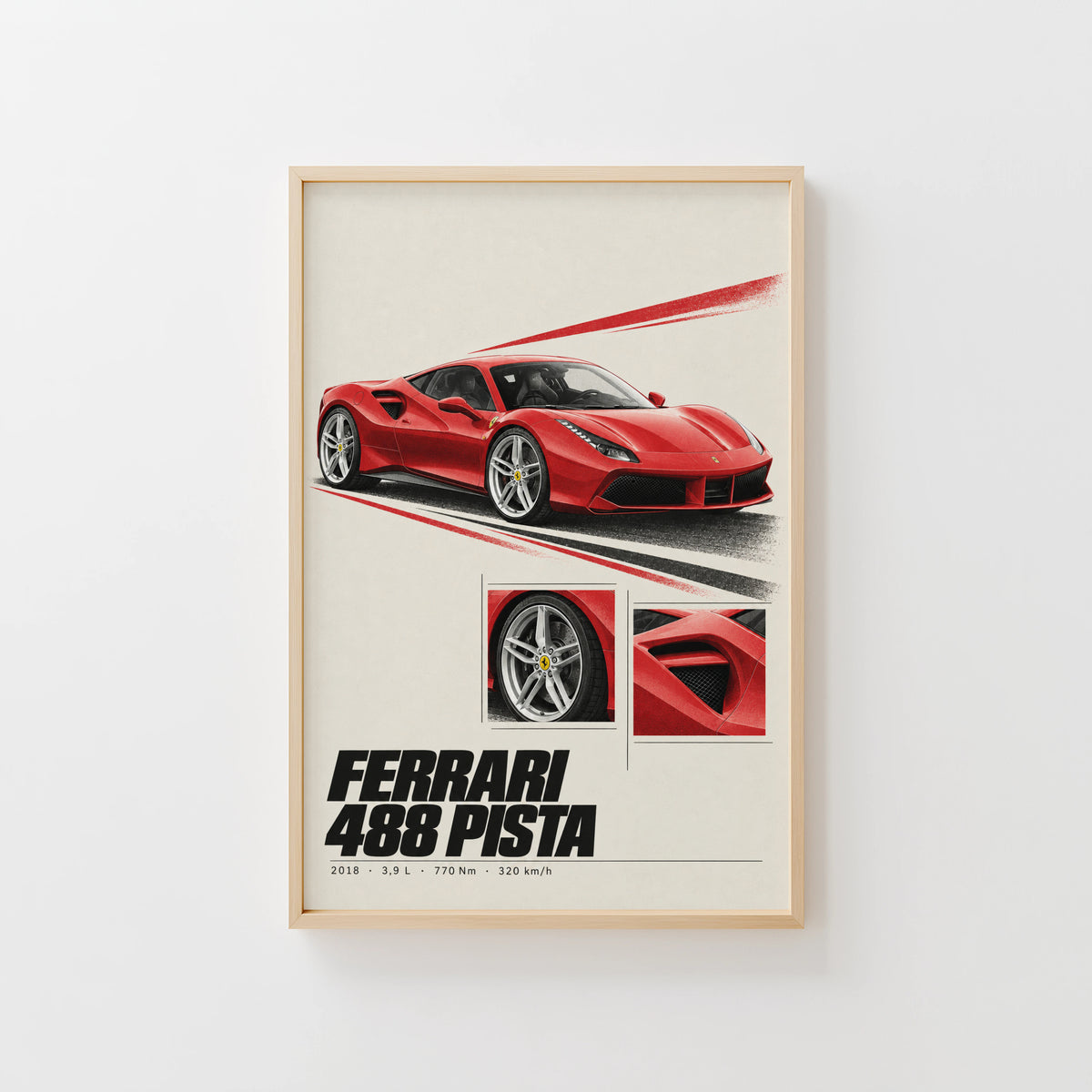 Vintage Ferrari 488 Pista Print, Supercar Wall Art