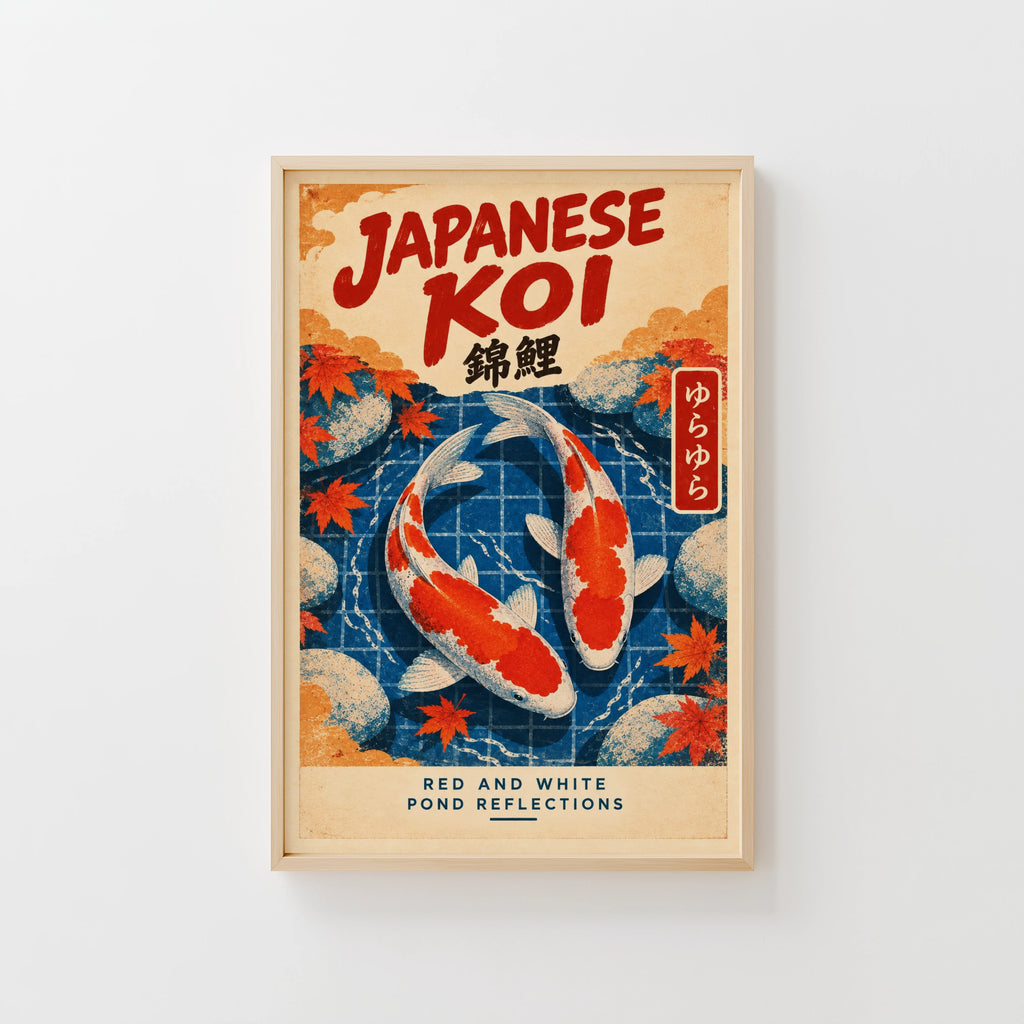 Vintage Japanese Koi Print, Koi Fish Poster, Maple Leaves