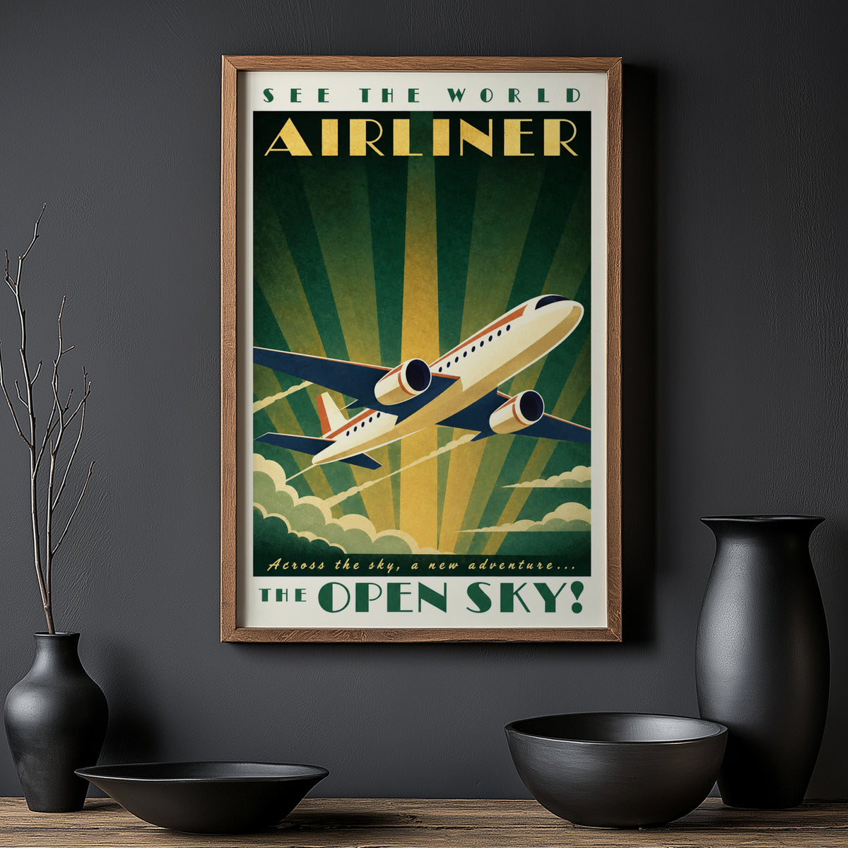 Vintage Airliner Poster, Art Deco Wall Art, Aviation Print