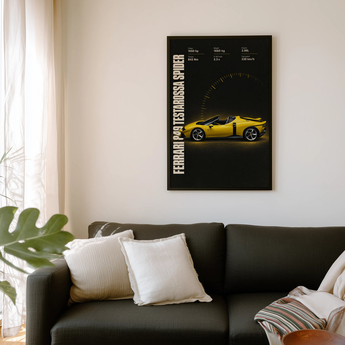 Vintage Ferrari Print, Yellow Supercar Wall Art
