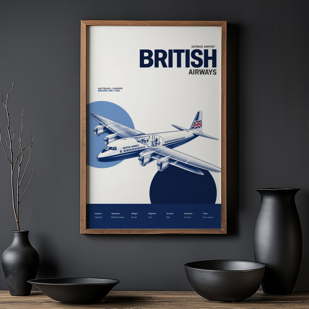 Vintage British Airways Poster, Gatwick Aviation Print