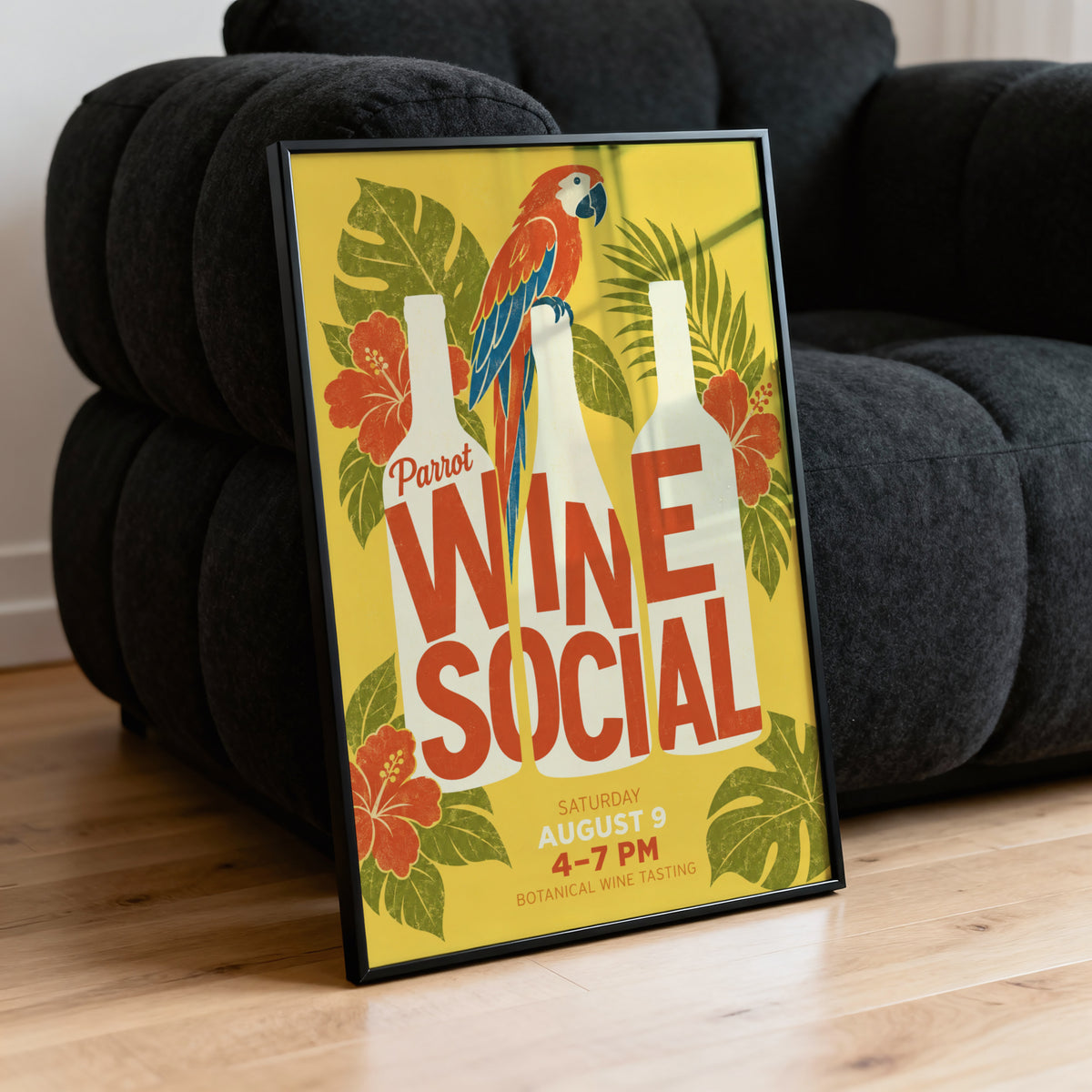 Vintage Wine Social Print Poster, Parrot Tropical Kitchen
