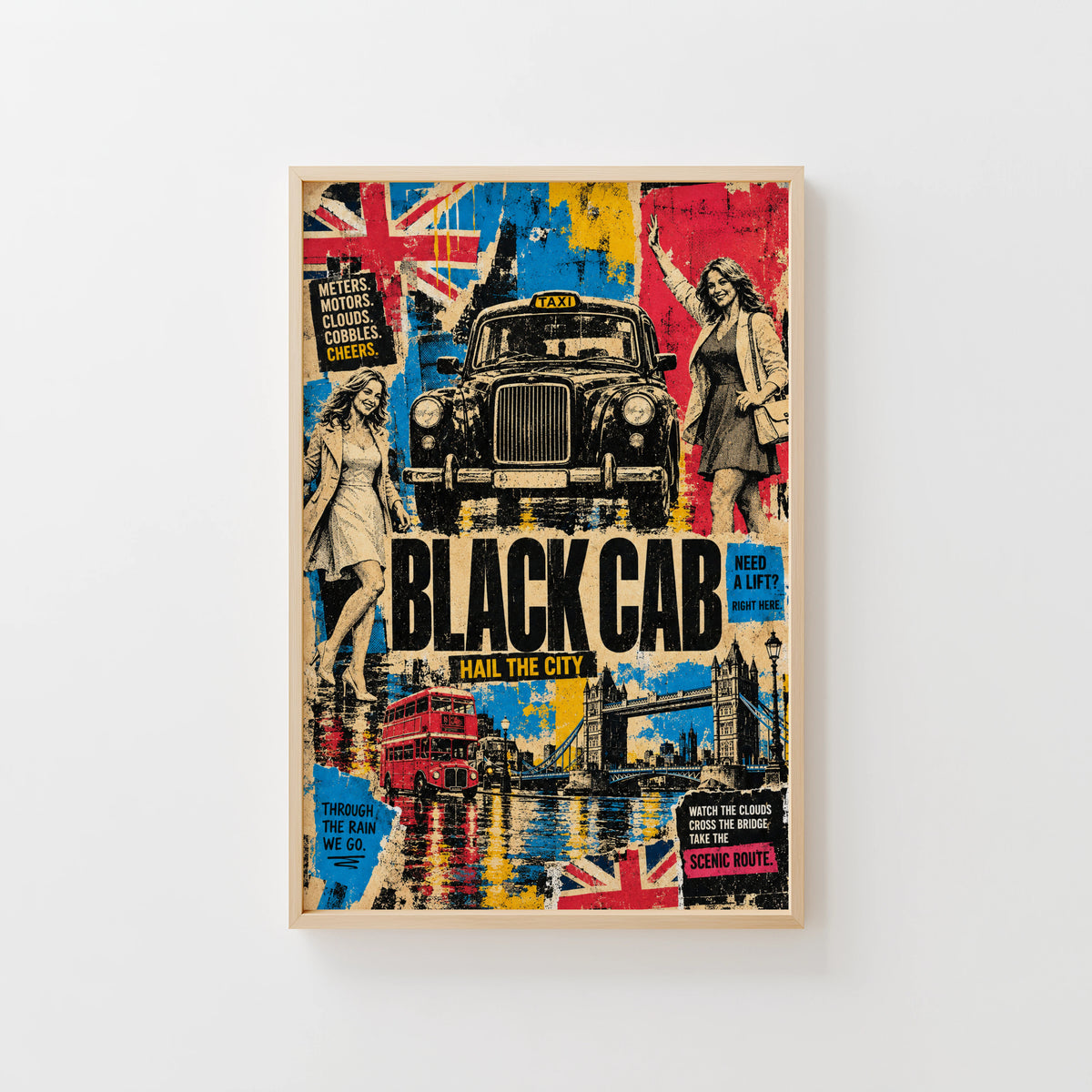 Vintage London Black Cab Poster, Retro Wall Art, Print
