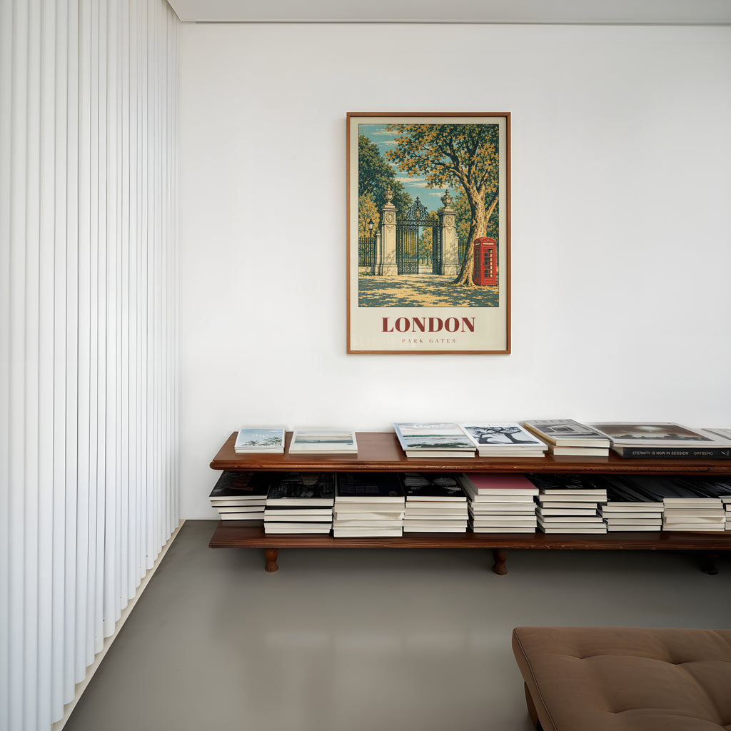 Vintage London Park Gates Poster, Red Phone Box Print
