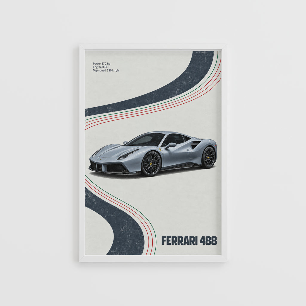 Vintage Ferrari 488 Print, Supercar Poster, Wall Art