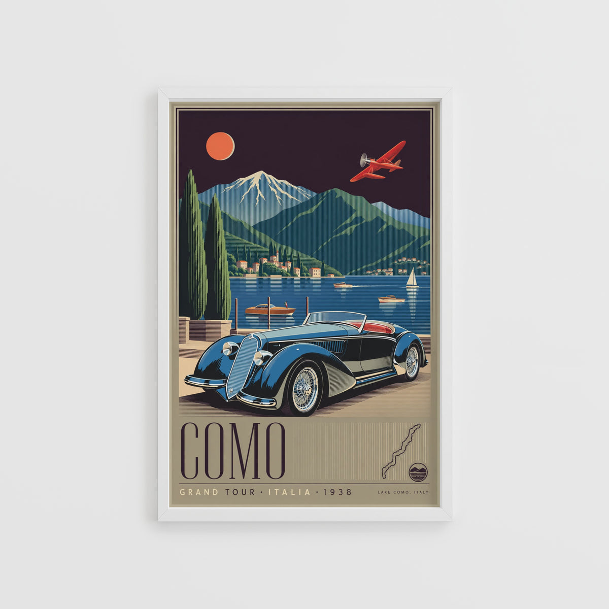 Vintage Lake Como Italy Poster, Art Deco Wall Art, Car Print