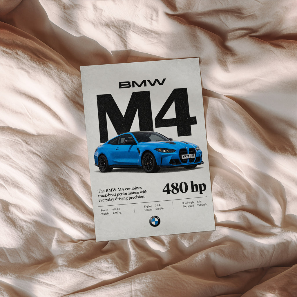 Vintage BMW M4 Print, Blue Coupe Wall Art