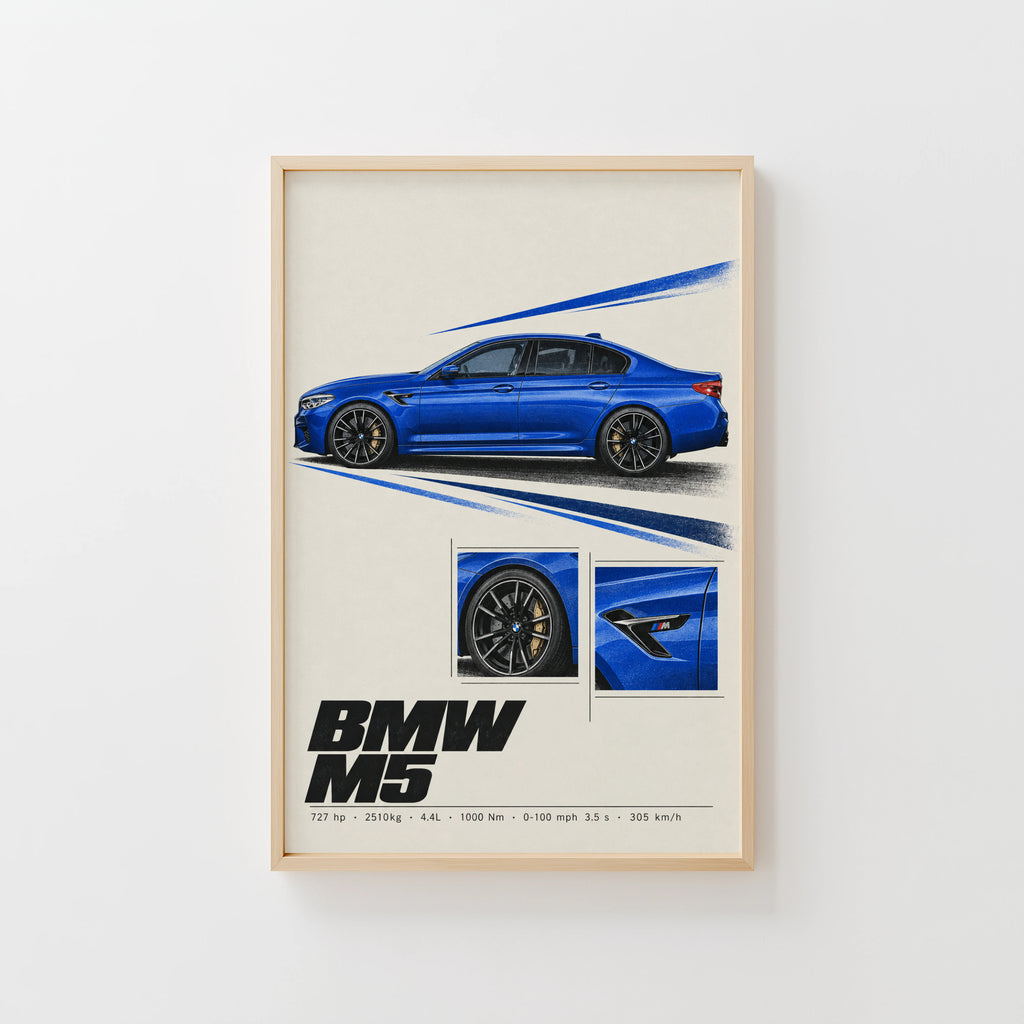 Vintage BMW M5 Print, Car Wall Art, Blue Sedan