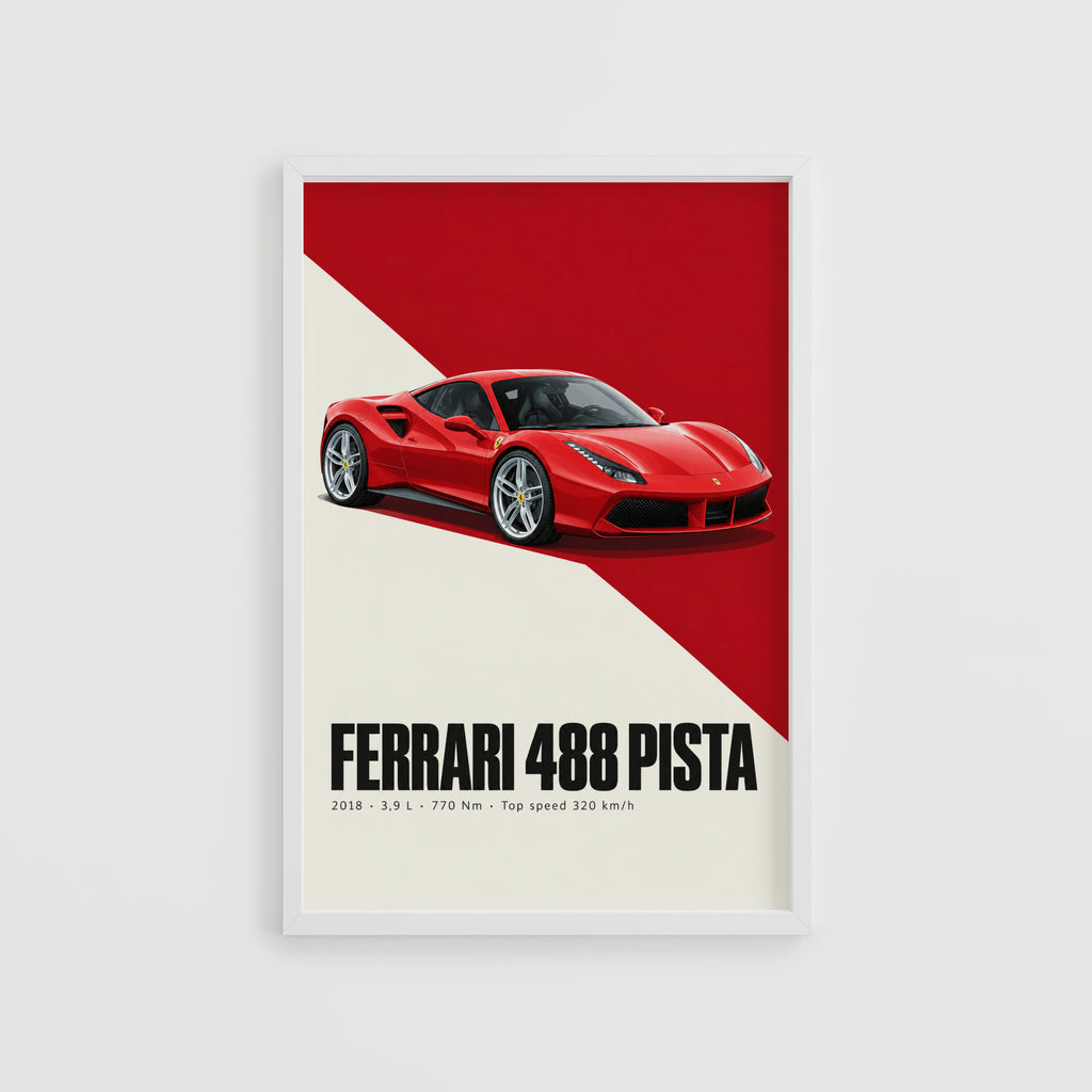 Vintage Ferrari 488 Pista Print, Supercar Wall Art