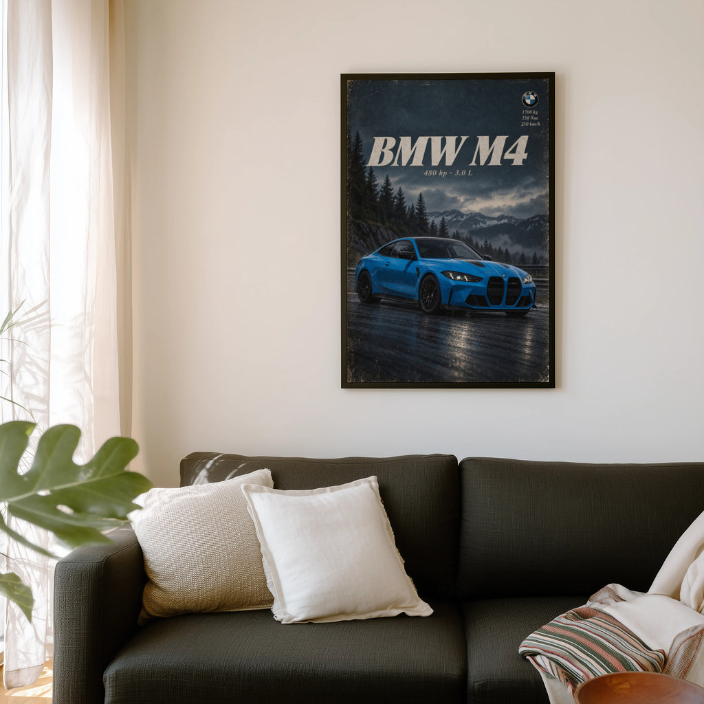 Vintage BMW M4 Print, Blue Coupe Car Wall Art