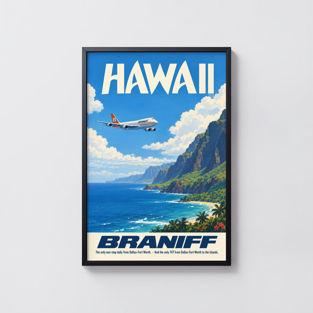 Vintage Hawaii Poster, Braniff 747 Wall Art, Airline Print