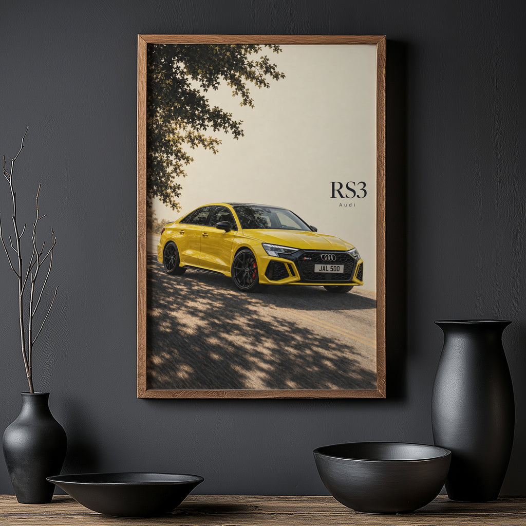 Vintage Audi RS3 Print, Yellow Car Wall Art
