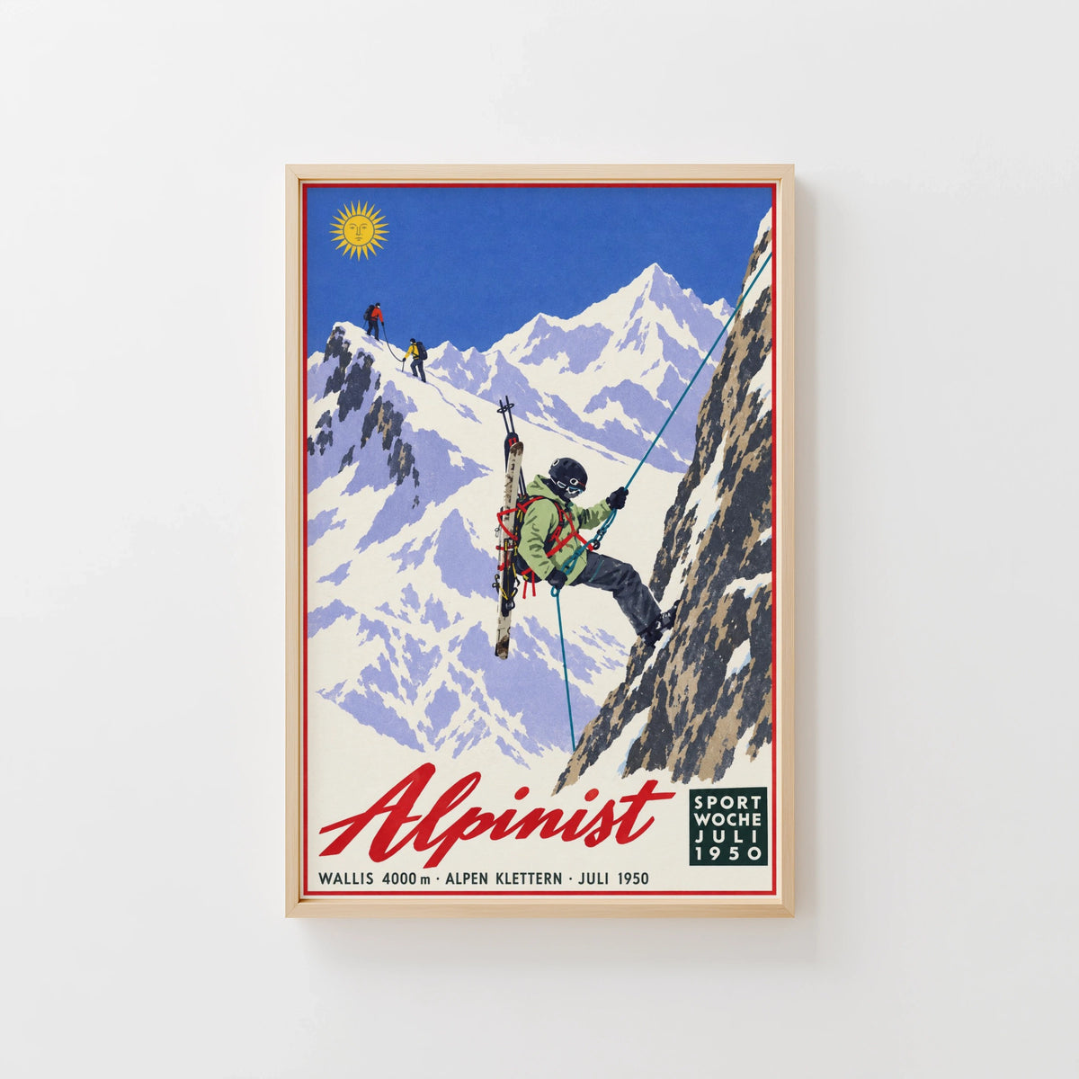 Vintage 1950 Alpinist Alps Climbing Print, Ski Poster