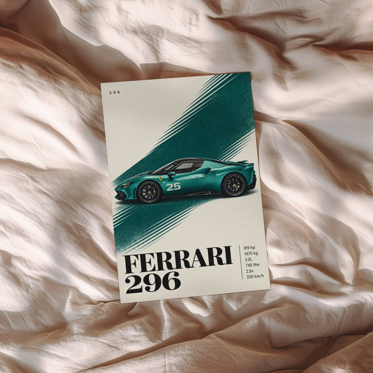 Vintage Ferrari 296 Print, Teal Supercar Wall Art