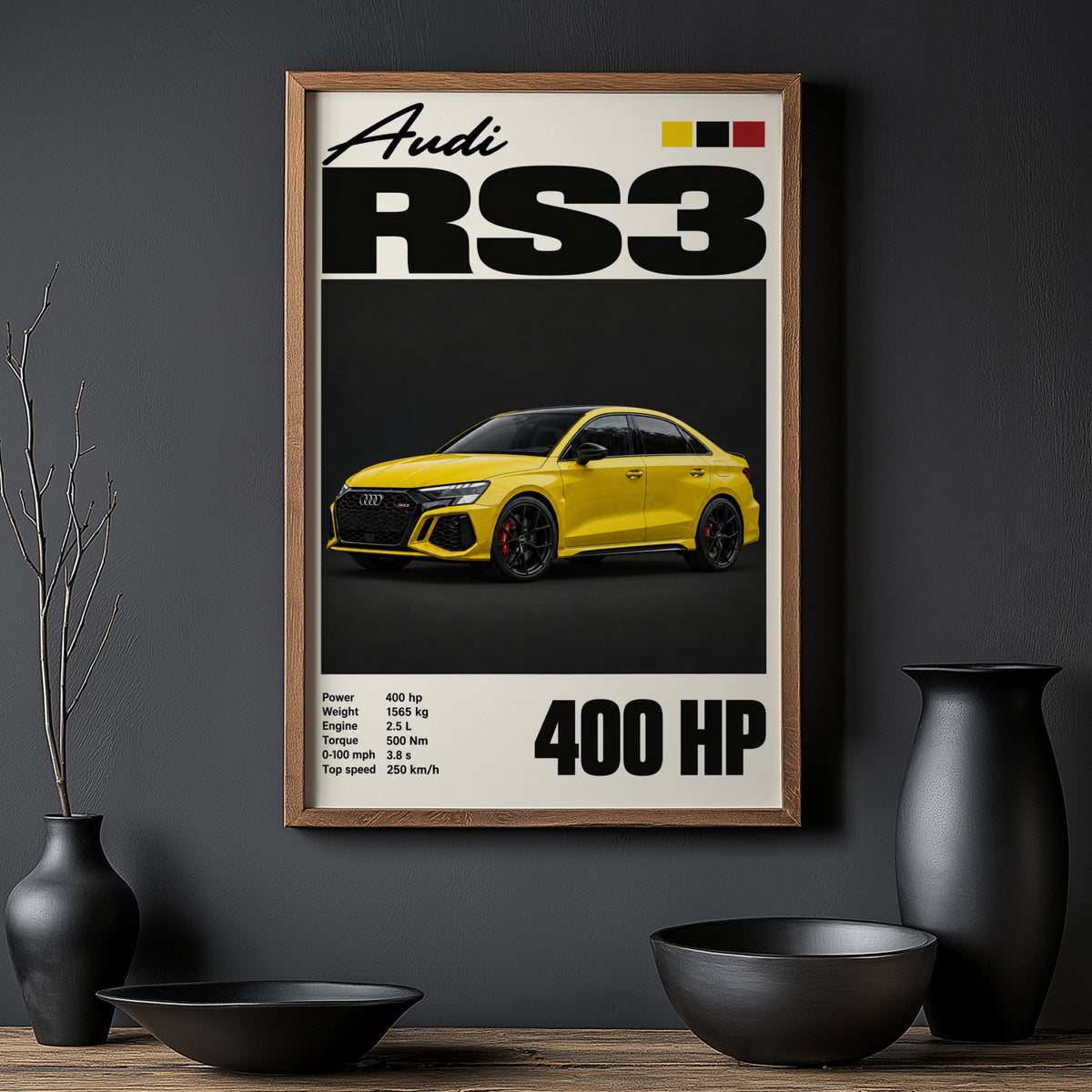 Vintage Audi RS3 Print, Yellow Car Wall Art