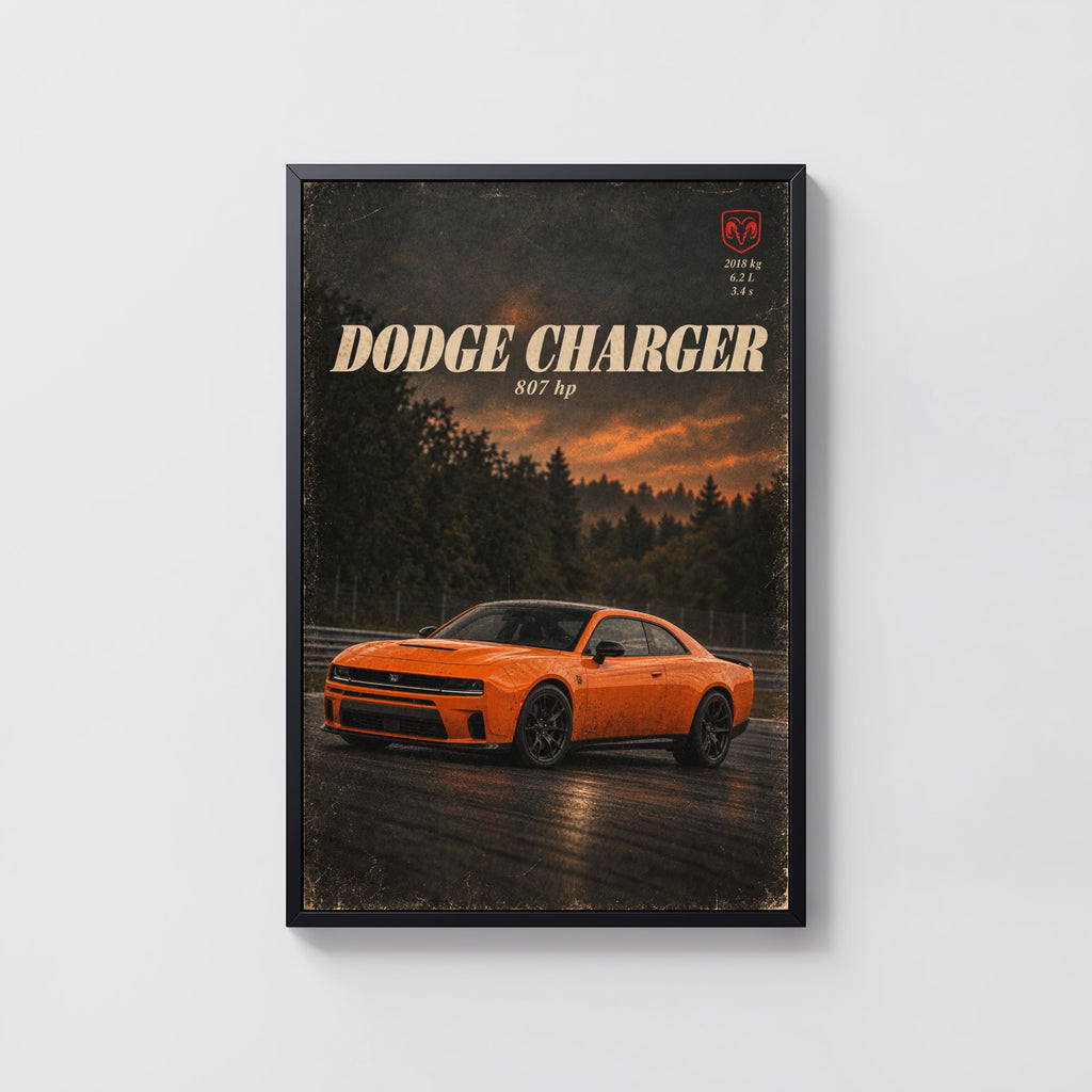 Vintage Dodge Charger Print, Orange Muscle Car Art