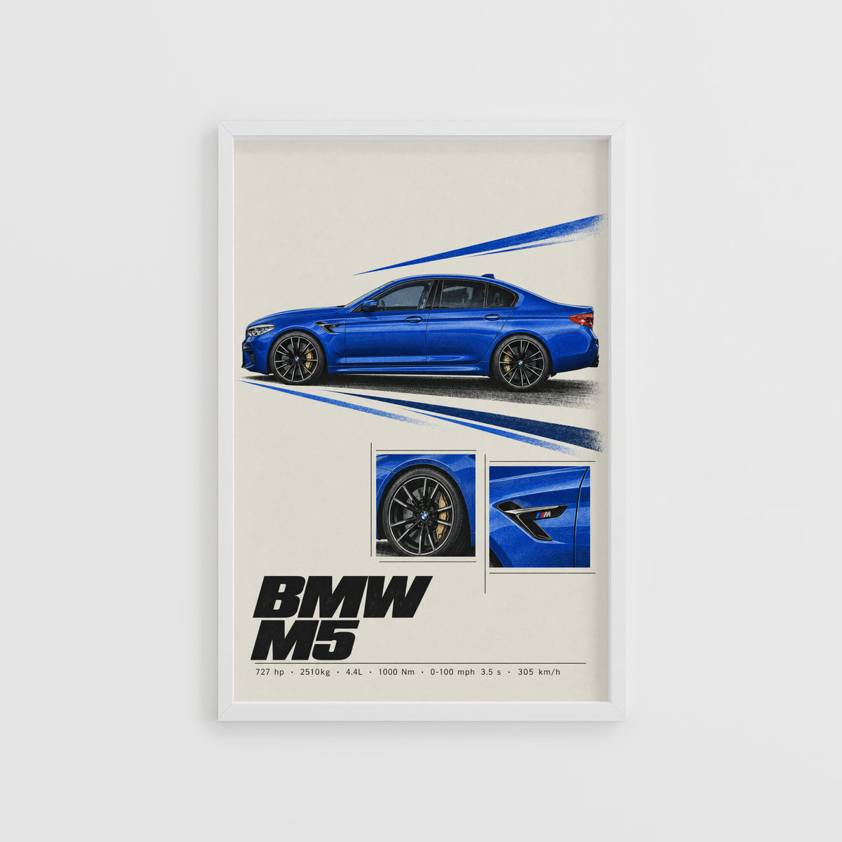 Vintage BMW M5 Print, Car Wall Art, Blue Sedan