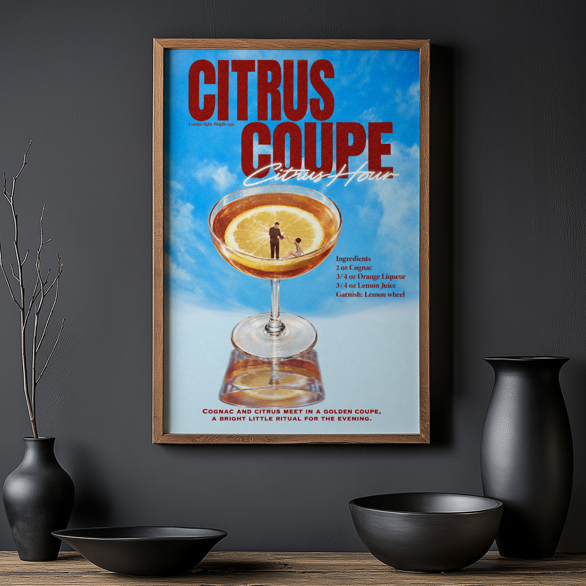 Vintage Citrus Coupe Cocktail Print Poster, Bar Art