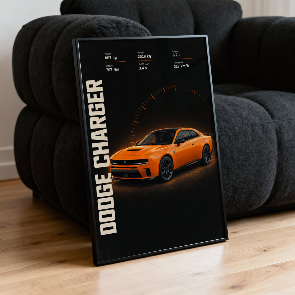 Vintage Dodge Charger Print, Orange Muscle Car
