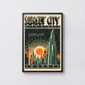 Vintage Sunset City Poster, Art Deco Skyline Print