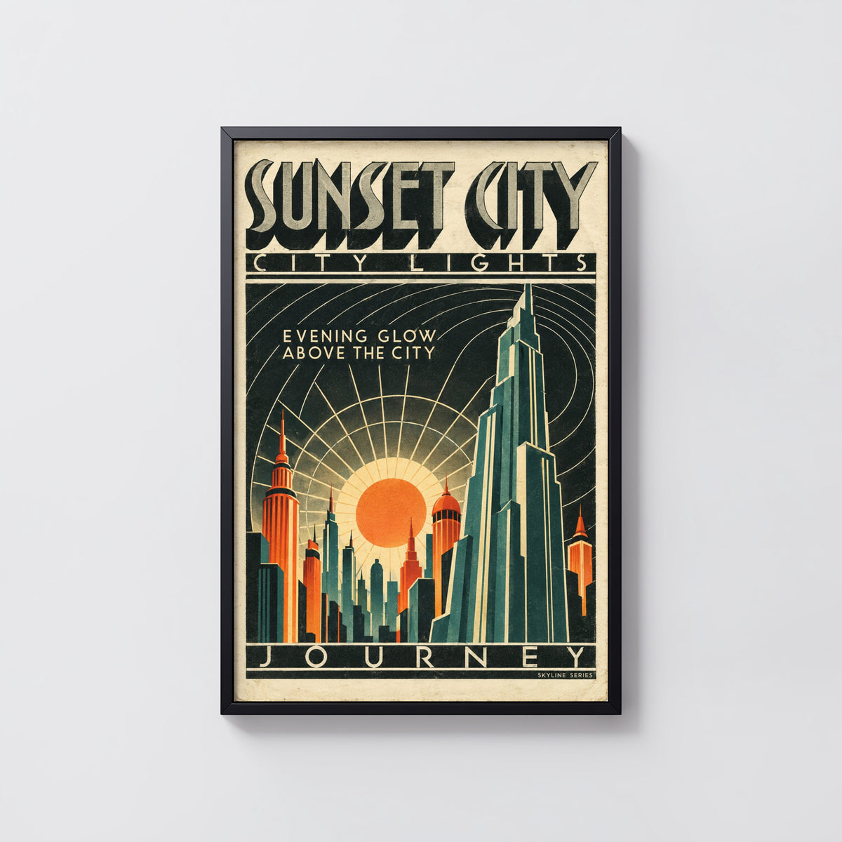 Vintage Sunset City Poster, Art Deco Skyline Print