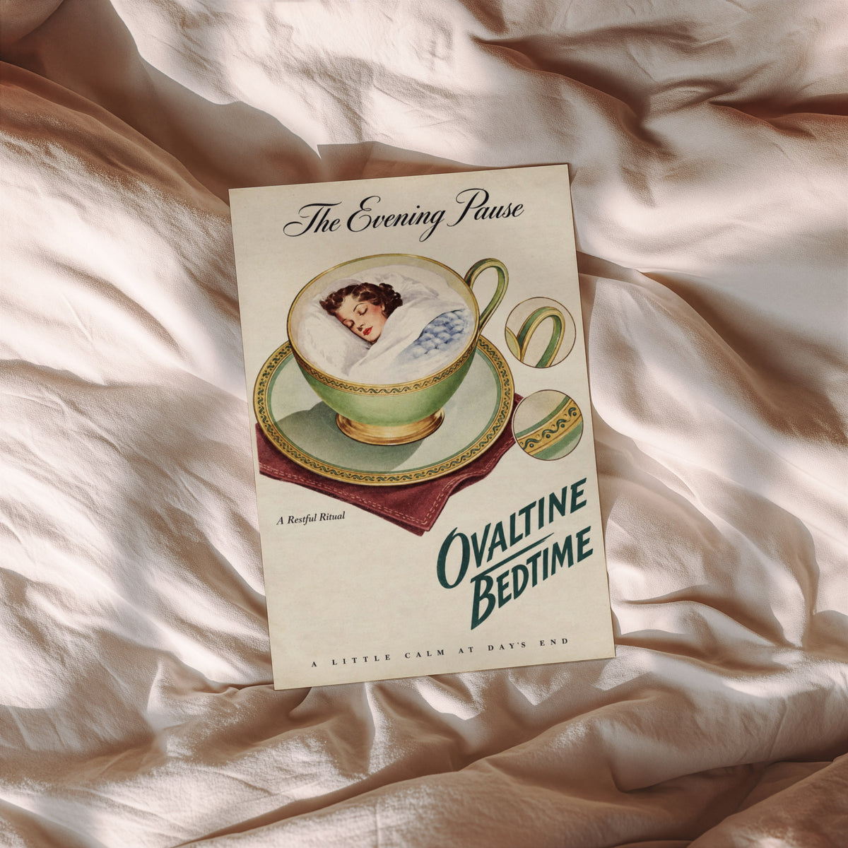 Vintage Sleeping Woman Teacup Poster, Retro Wall Art Print