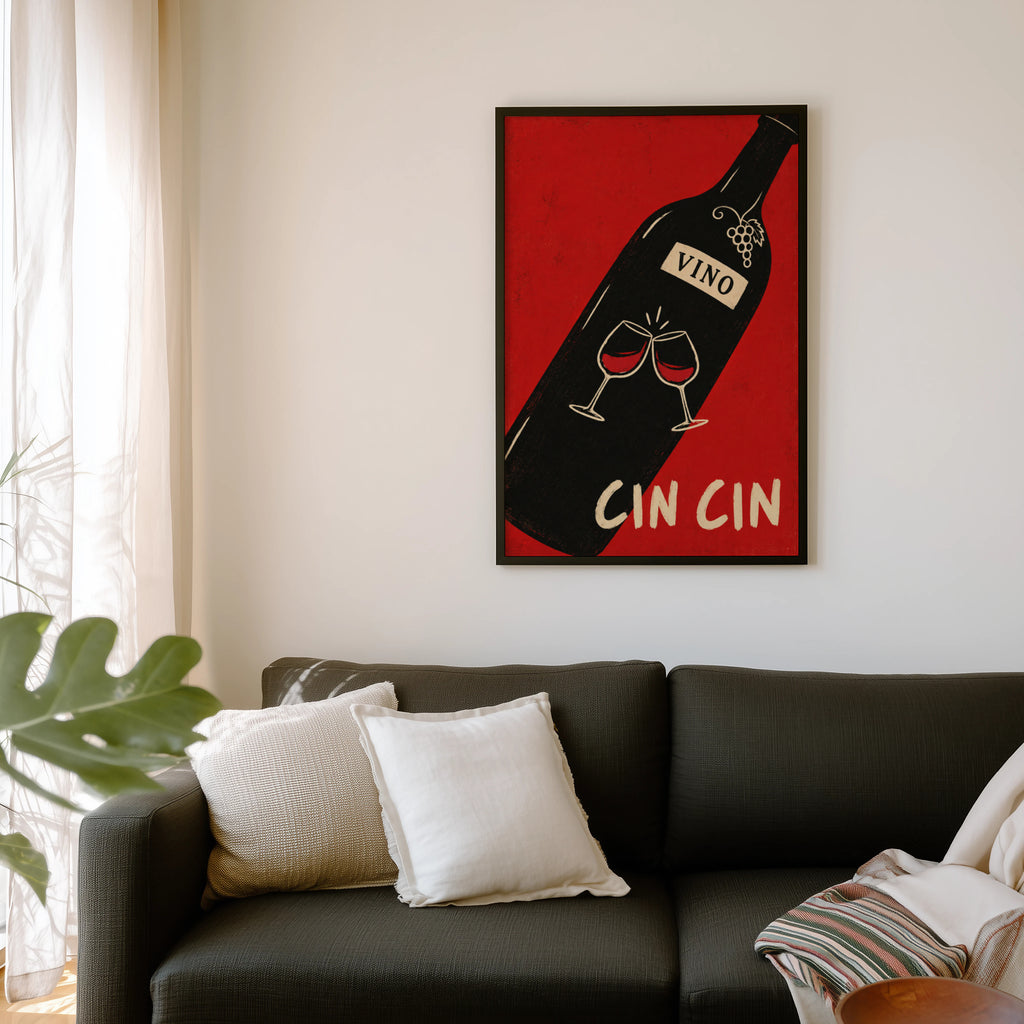 Vintage Cin Cin Wine Print Poster, Red Kitchen Art