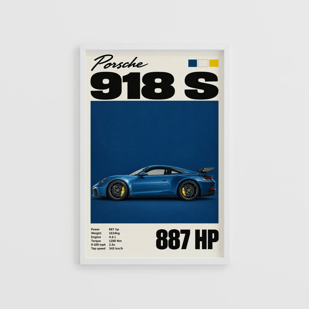 Vintage Porsche 918 S Print, Car Poster, Blue Wall Art