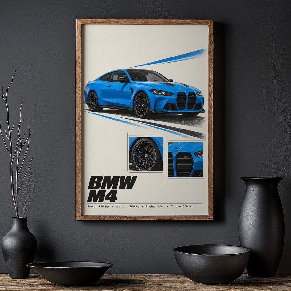 Vintage BMW M4 Print, Blue Car Wall Art