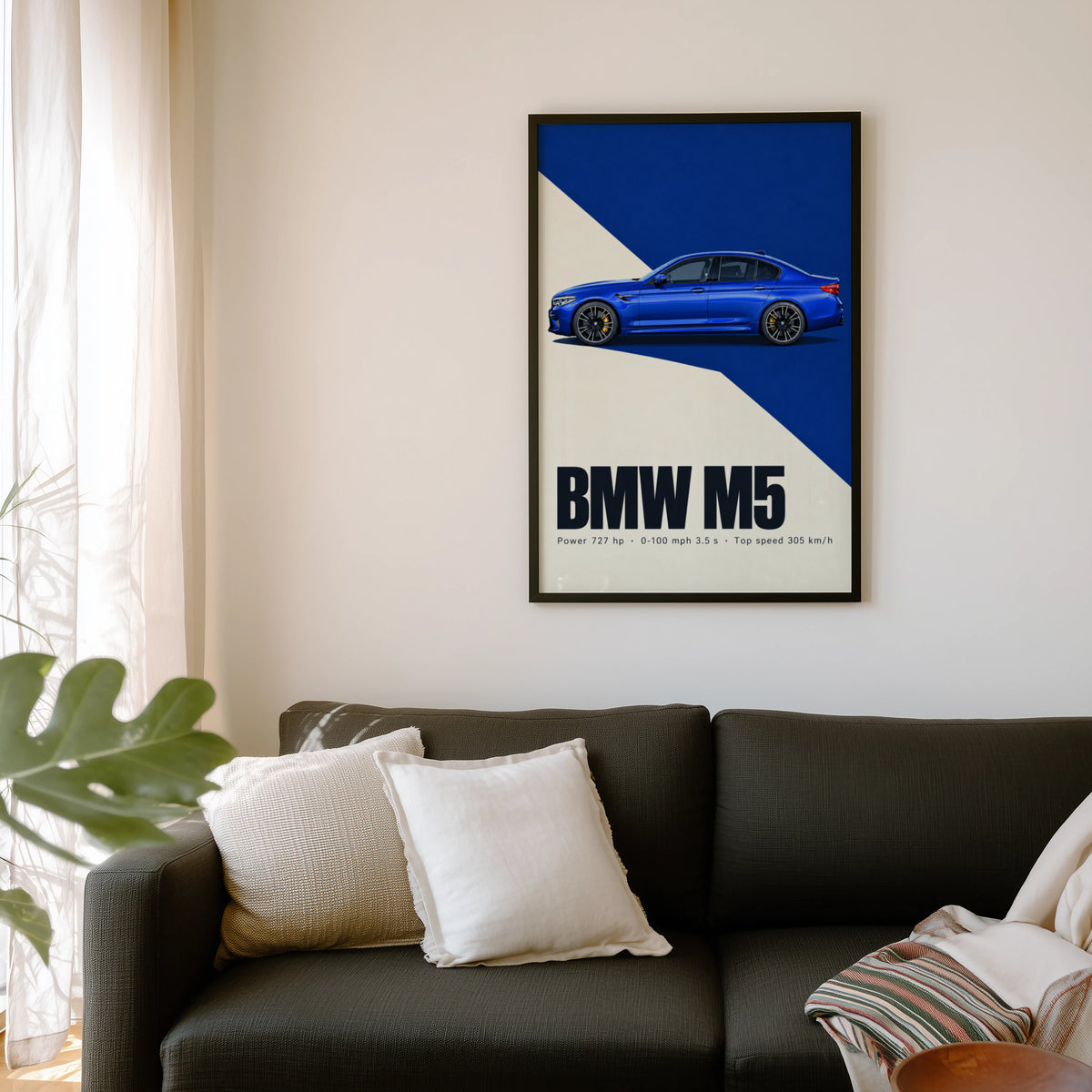 Vintage BMW M5 Print, Car Wall Art, Blue Sedan