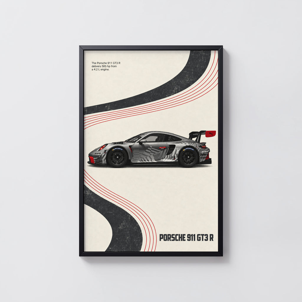 Vintage Porsche 911 GT3 R Print, Racing Wall Art
