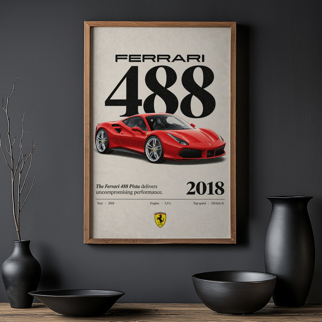 Vintage Ferrari 488 Pista Print, Red Supercar Art