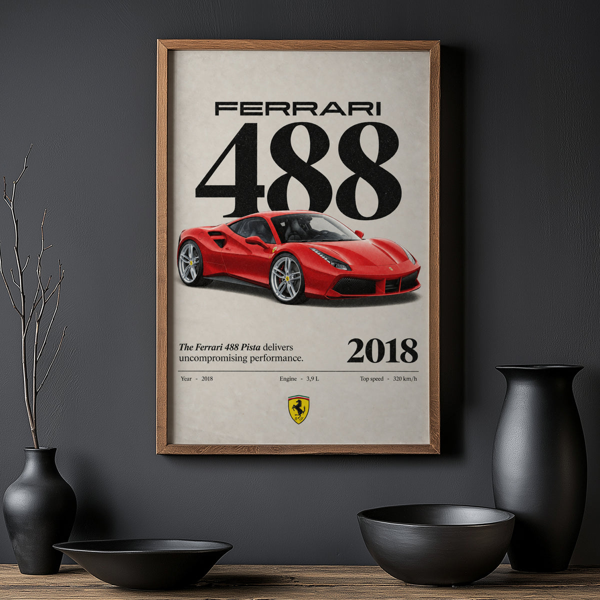 Vintage Ferrari 488 Pista Print, Red Supercar Art