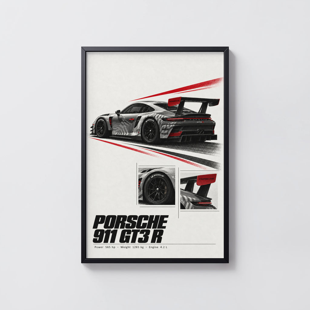 Vintage Porsche 911 GT3 R Print, Racing Car Art