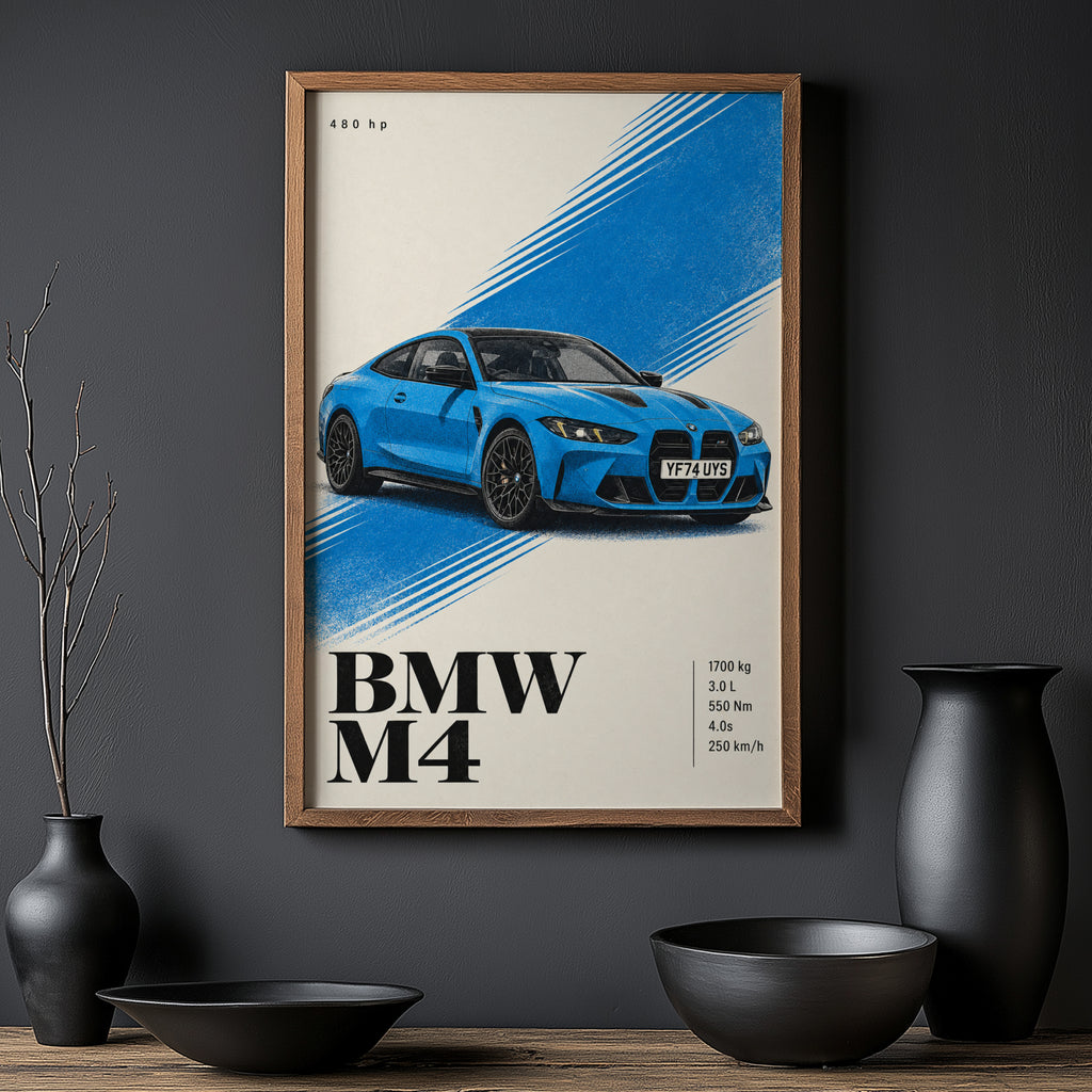 Vintage BMW M4 Print, Blue Car Wall Art
