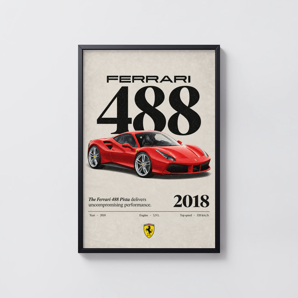 Vintage Ferrari 488 Pista Print, Red Supercar Art